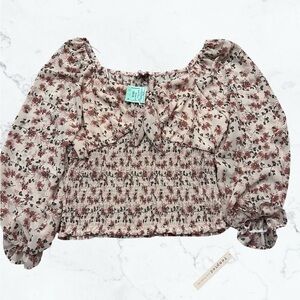 NWT Tempted Floral Smocked Blouse - Cream and Pink